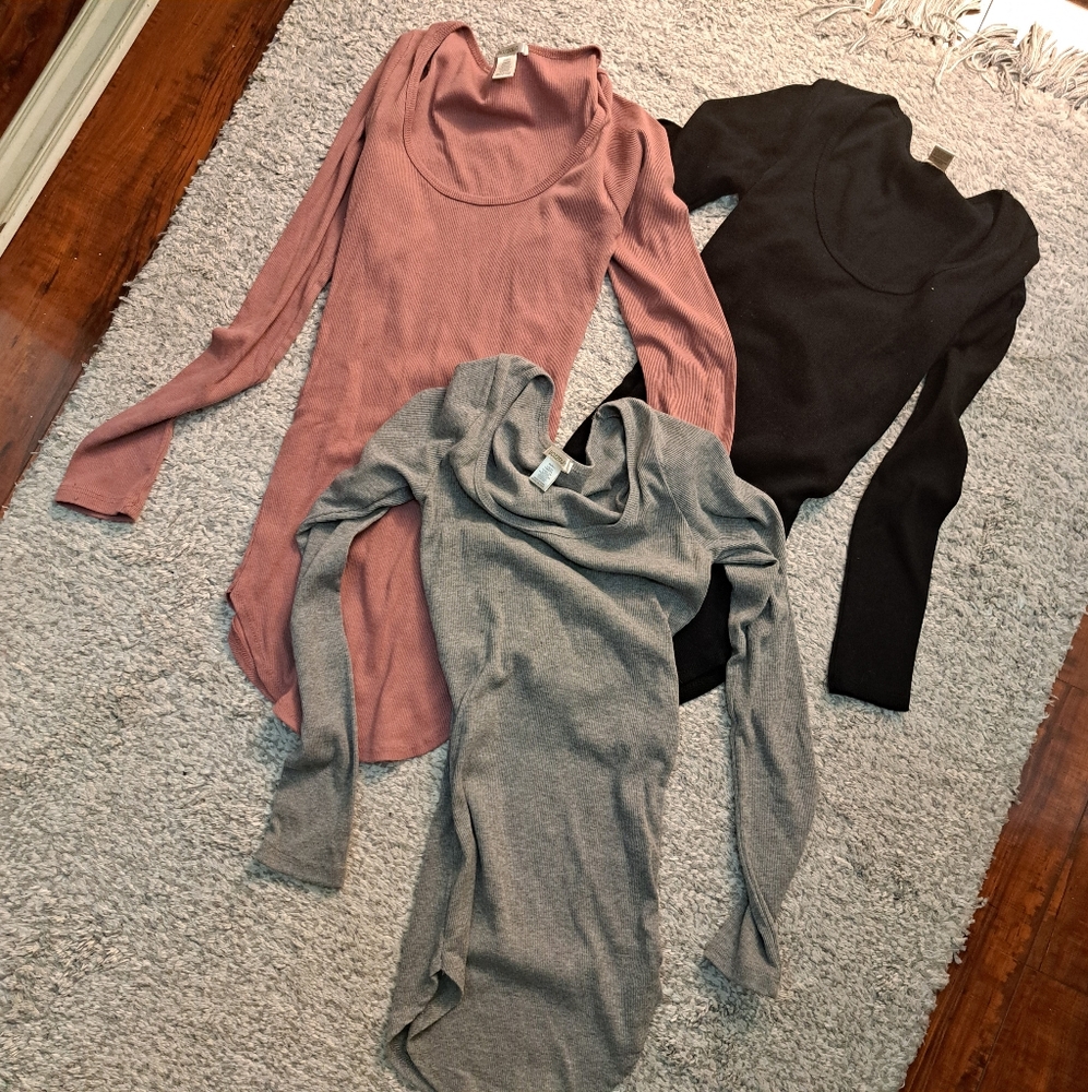 BUNDLE Bozzolo Ribbed Knit Tops in Gray, Pink, and Black